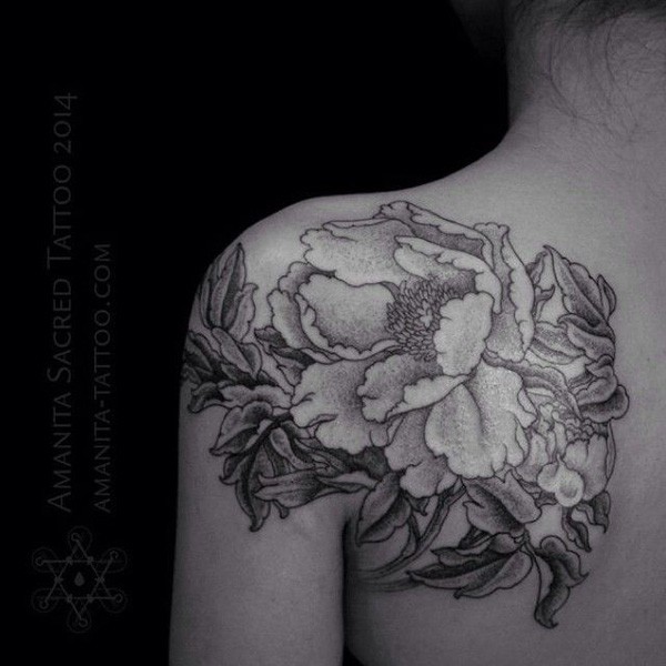 Black And White Japanese Peony Flower Tattoo On Left Back Shoulder