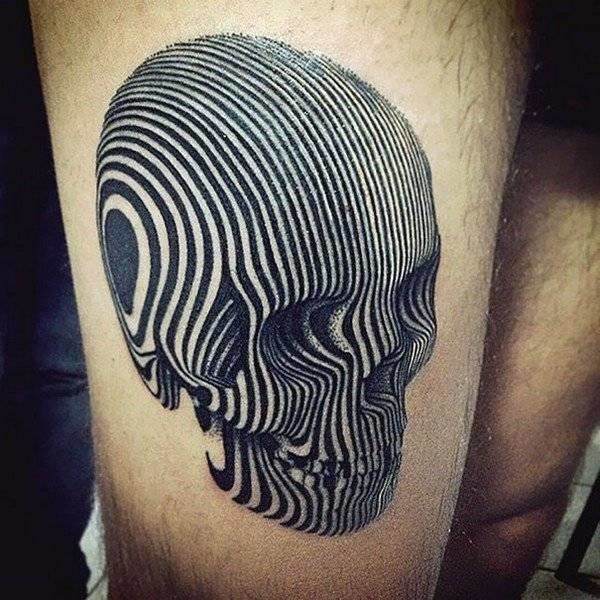 Black And White Lining 3D Skull Tattoo On Man Right Arm