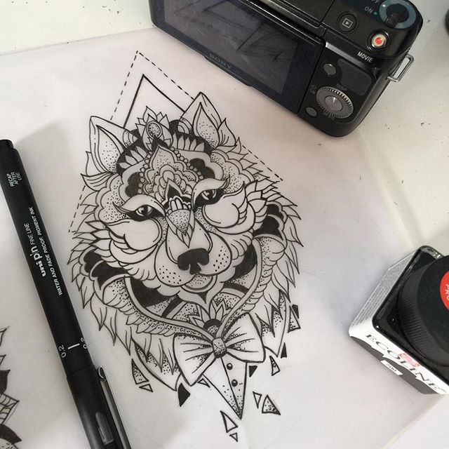 Black And White Outline Mandala Wolf Tattoo Design