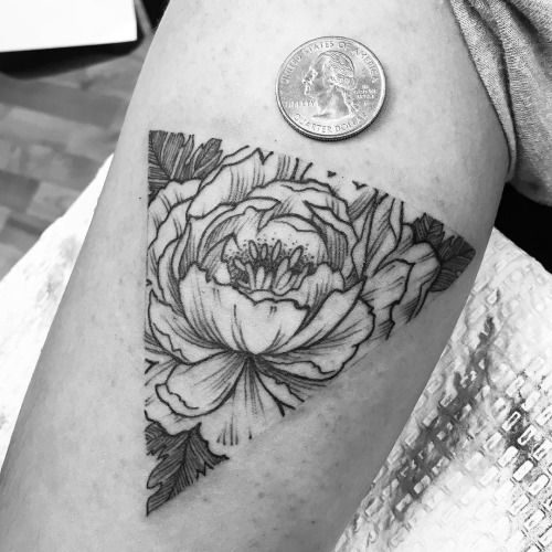 Black And White Peony Flower In Triangle Tattoo Design For Sleeve