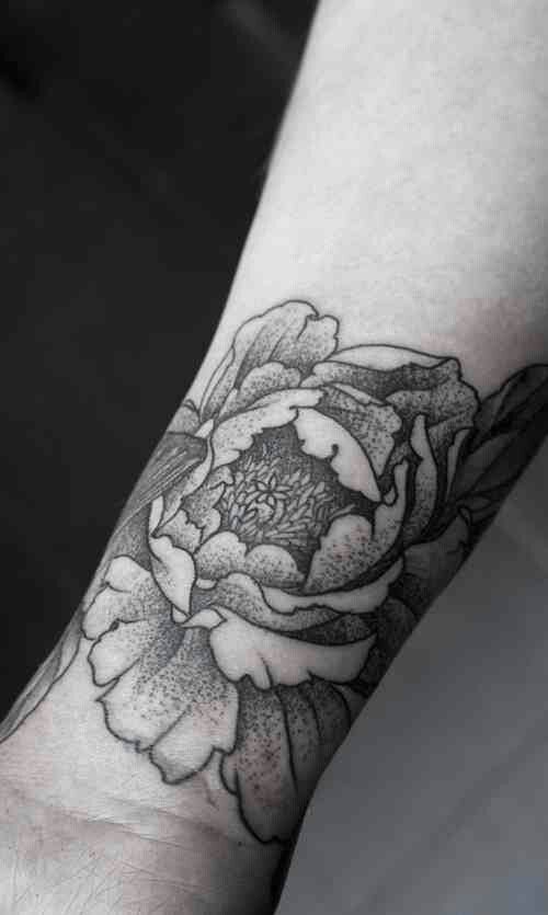 Black And White Peony Flower Tattoo On Wrist