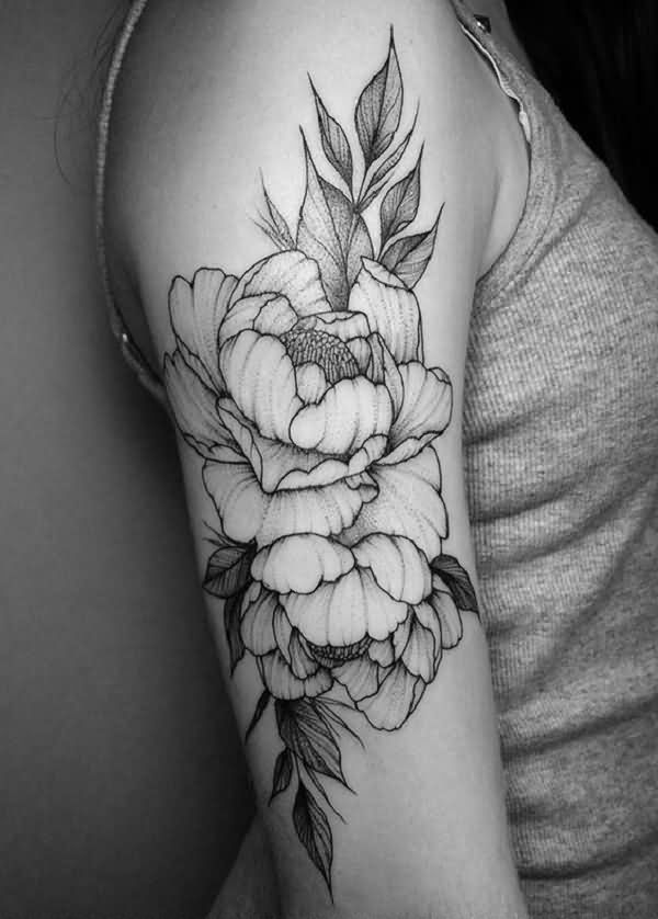 Black And White Peony Flowers Tattoo On Right Half Sleeve