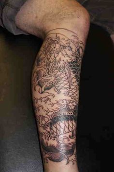 Black Dragon Tattoo On Right Leg Calf