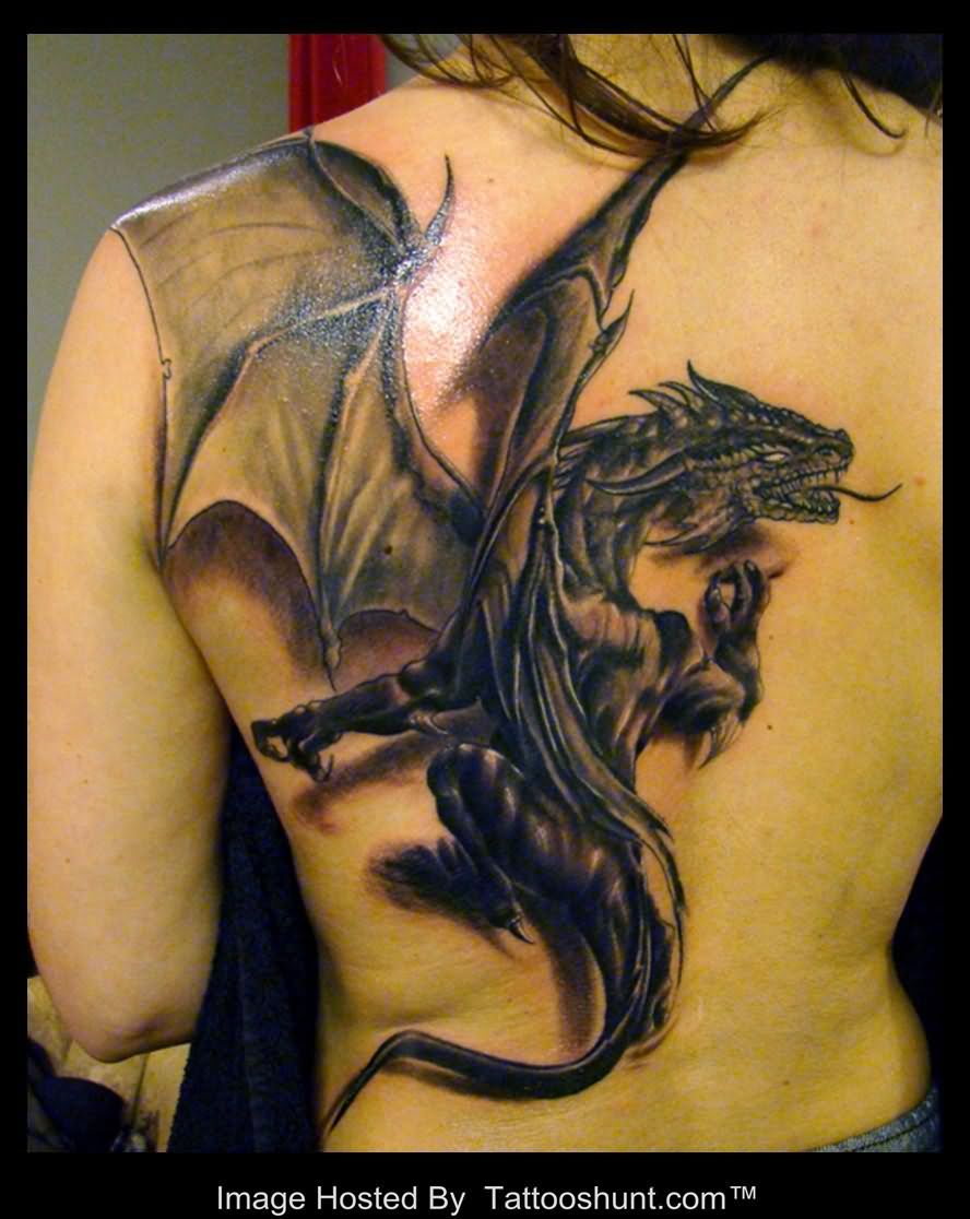 Black Ink 3D Dragon Tattoo On Girl Full Back