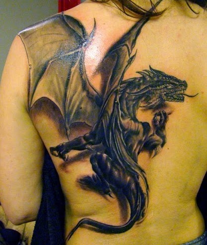 Black Ink 3D Dragon Tattoo On Women Full Back