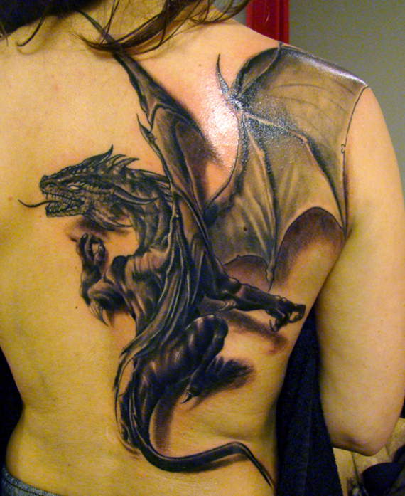 Black Ink 3D Dragon Tattoo On Women Right Back Shoulder
