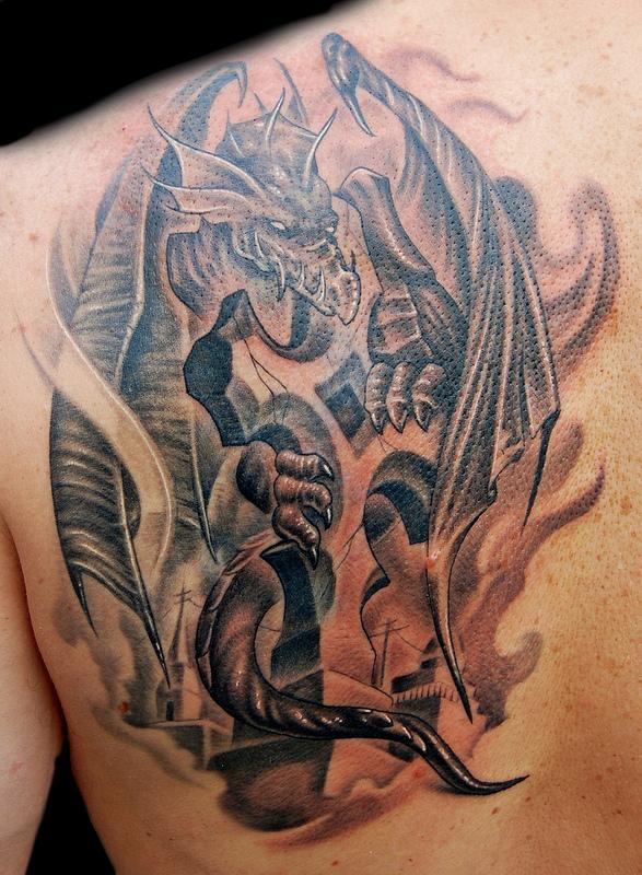 Black Ink 3D Dragon With Cross Tattoo On Left Back Shoulder By Marvin Silva