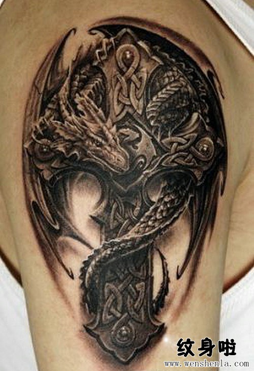 Black Ink 3D Dragon With Cross Tattoo On Shoulder