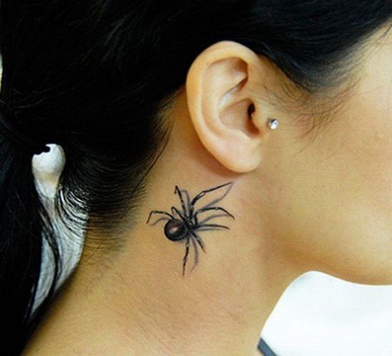 Black Ink 3D Spider Tattoo On Women Right Side Neck