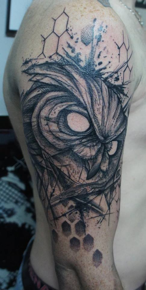 Black Ink Abstract Owl Head Tattoo On Right Half Sleeve by Ergo Nomik