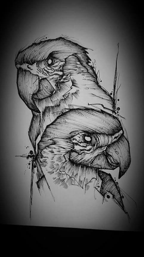 Black Ink Abstract Two Parrots Tattoo Design