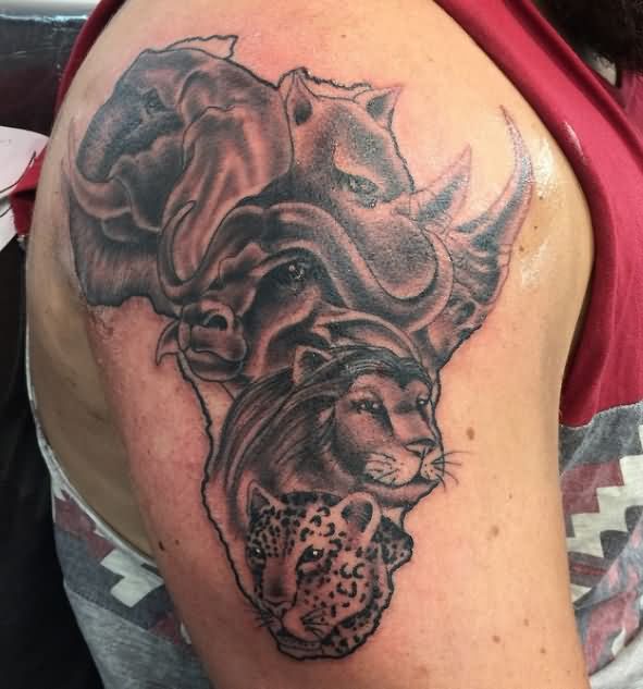Black Ink African Animals In Africa Map Tattoo On Right Shoulder