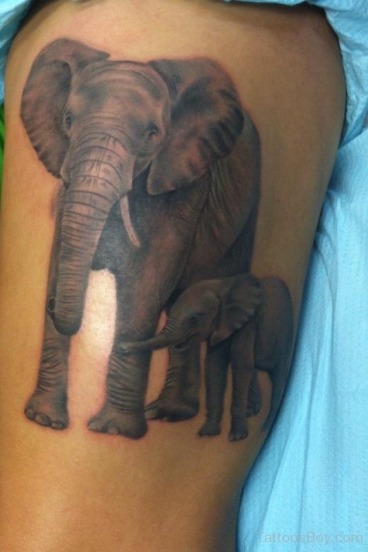 Black Ink African Elephants Tattoo Design For Half Sleeve