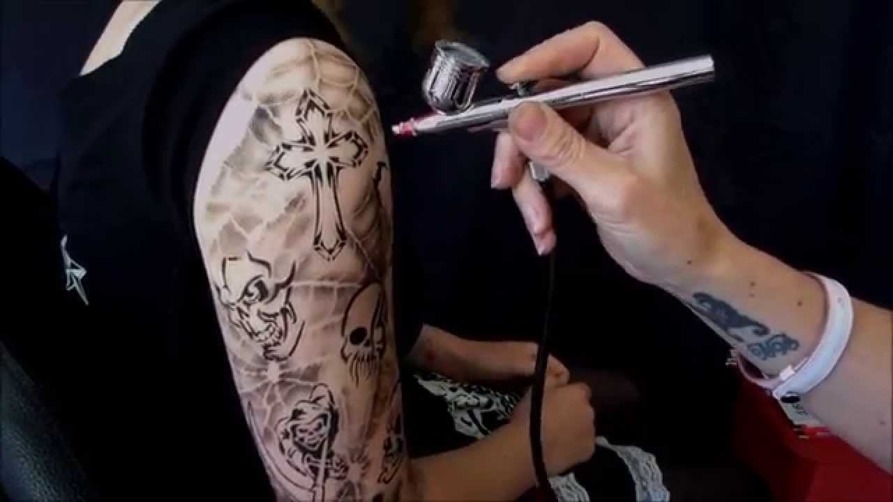 Black Ink Airbrush Cross Tattoo On Right Half Sleeve
