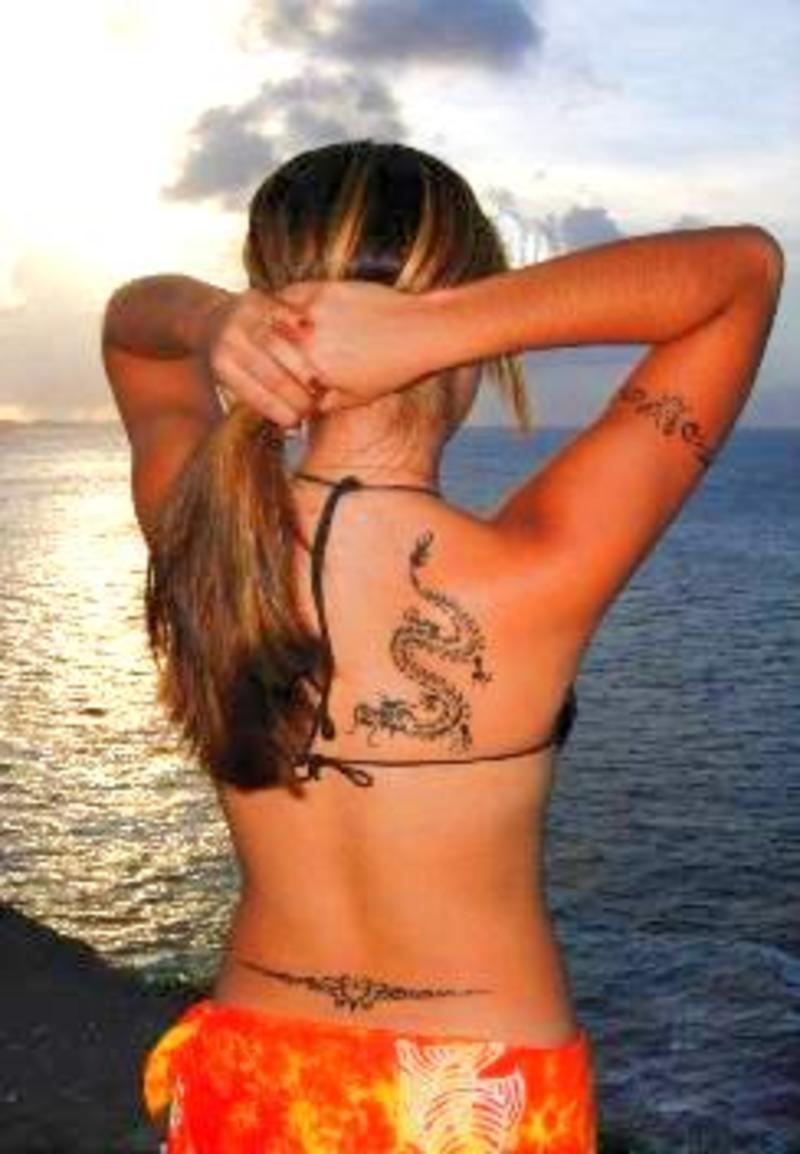 Black Ink Airbrush Dragon Tattoo On Women Right Back Shoulder