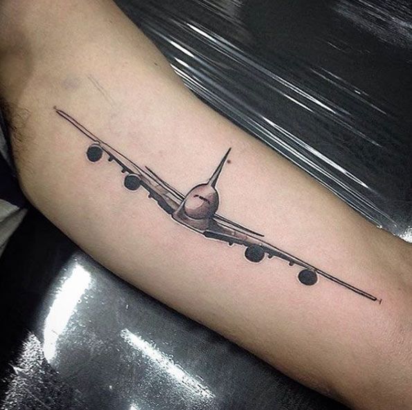 Black Ink Airplane Tattoo On Left Half Sleeve