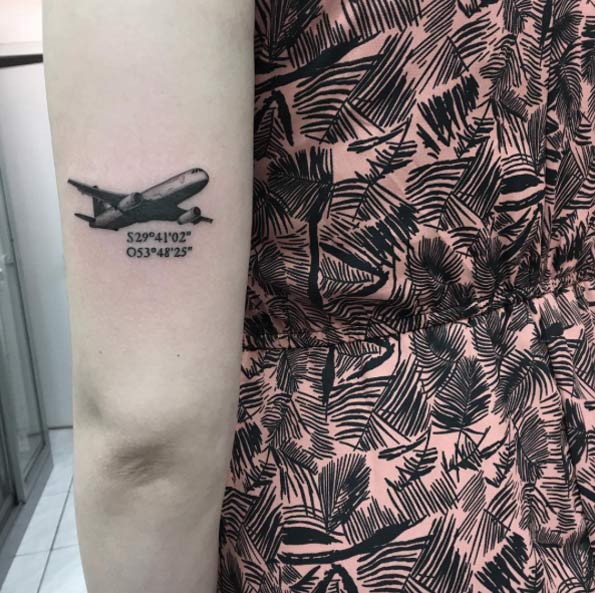 Black Ink Airplane Tattoo On Women Left Half Sleeve