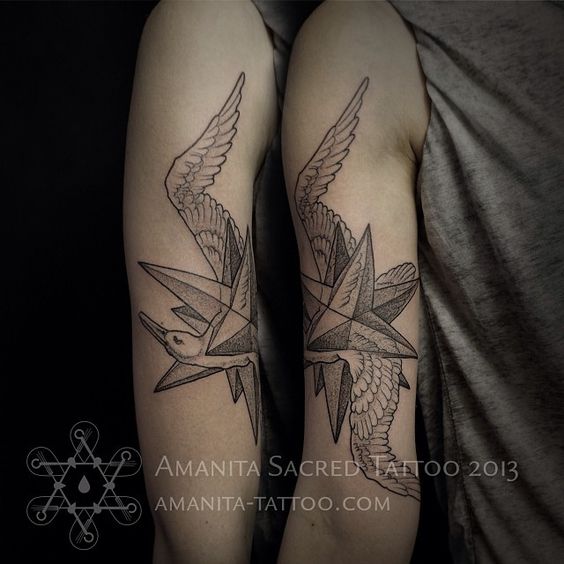 Black Ink Albatross With Star Tattoo On Half Sleeve By Mike Kolesnikov
