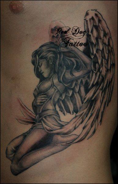 Black Ink Angel Tattoo On Man Left Side Rib