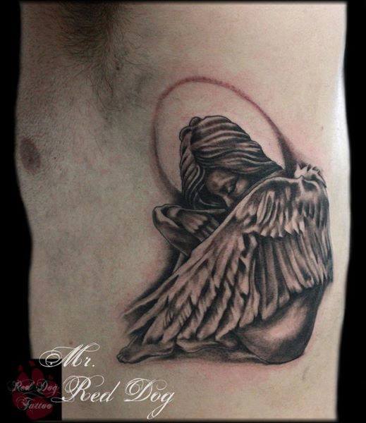 Black Ink Angel Tattoo On Man Side Rib