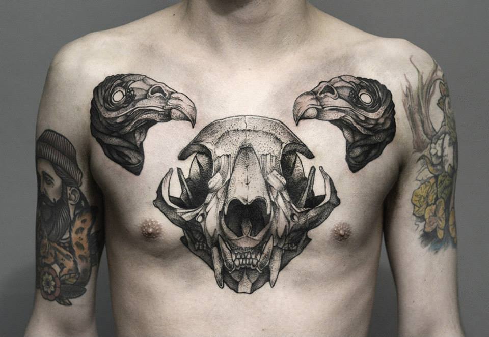 Black Ink Animal Skull Tattoo On Man Chest