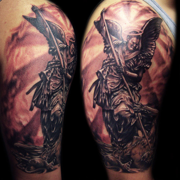 Black Ink Archangel Michael Tattoo Design For Half Sleeve