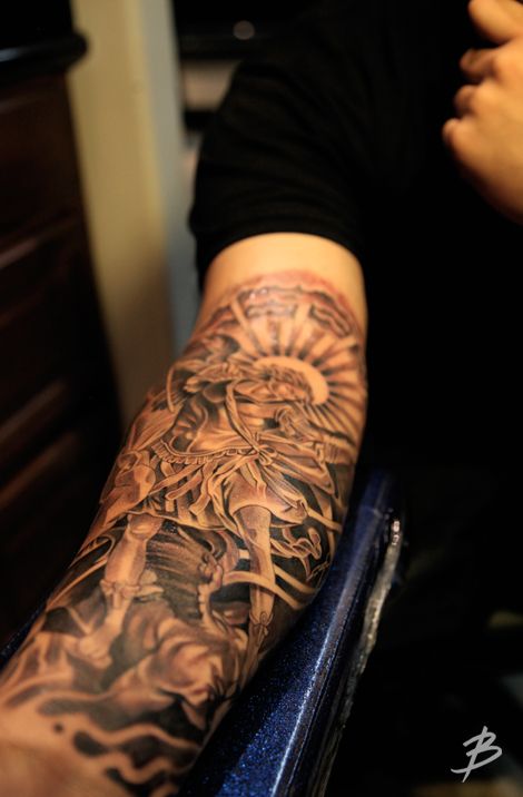 Black Ink Archangel Michael Tattoo On Forearm