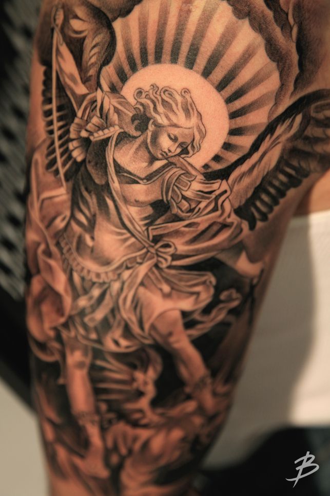 Black Ink Archangel Michael Tattoo On Half Sleeve