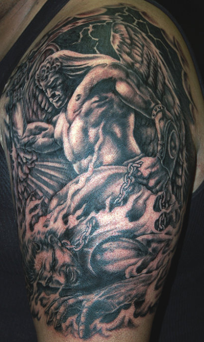 Black Ink Archangel Michael Tattoo On Left Half Sleeve