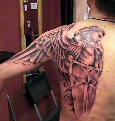 Black Ink Archangel Michael Tattoo On Man Left Back Shoulder