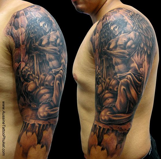 Black Ink Archangel Michael Tattoo On Man Left Half Sleeve