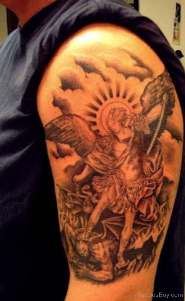 Black Ink Archangel Michael Tattoo On Man Left Shoulder