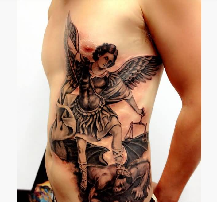 Black Ink Archangel Michael Tattoo On Man Left Side Rib
