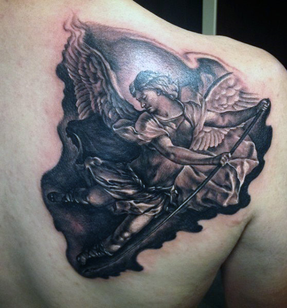 Black Ink Archangel Michael Tattoo On Man Right Back Shoulder