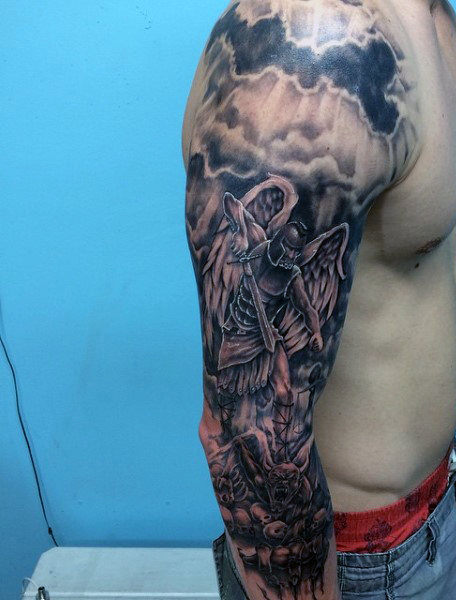 Black Ink Archangel Michael Tattoo On Man Right Full Sleeve