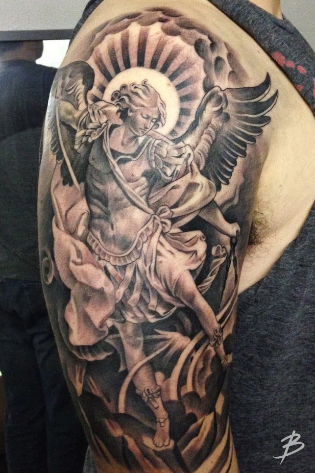 Black Ink Archangel Michael Tattoo On Man Right Half Sleeve