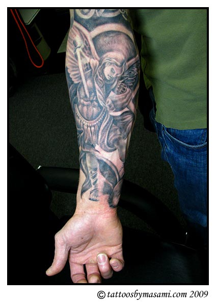 Black Ink Archangel Michael Tattoo On Right Forearm