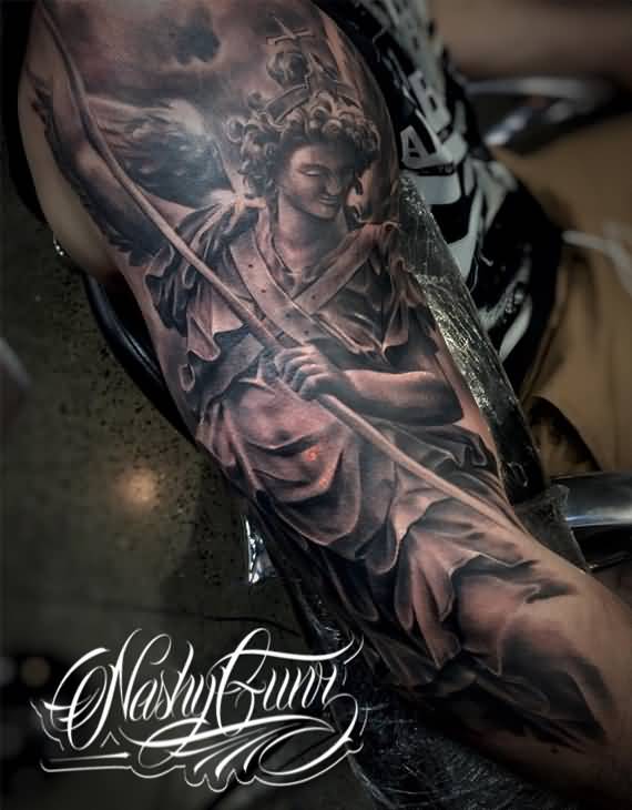 Black Ink Archangel Michael Tattoo On Right Full Sleeve