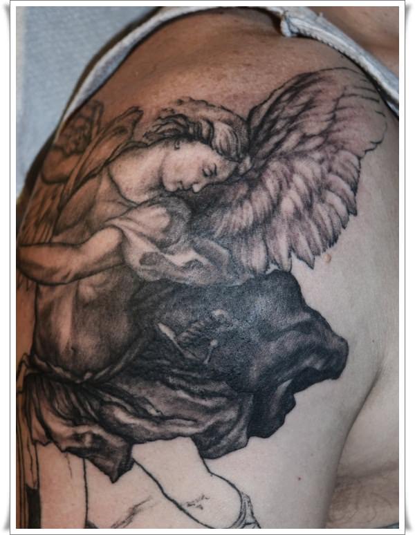 Black Ink Archangel Michael Tattoo On Right Shoulder