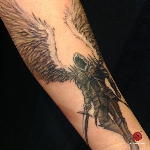 Black Ink Archangel Michael Tattoo On Sleeve By Shane Acuff
