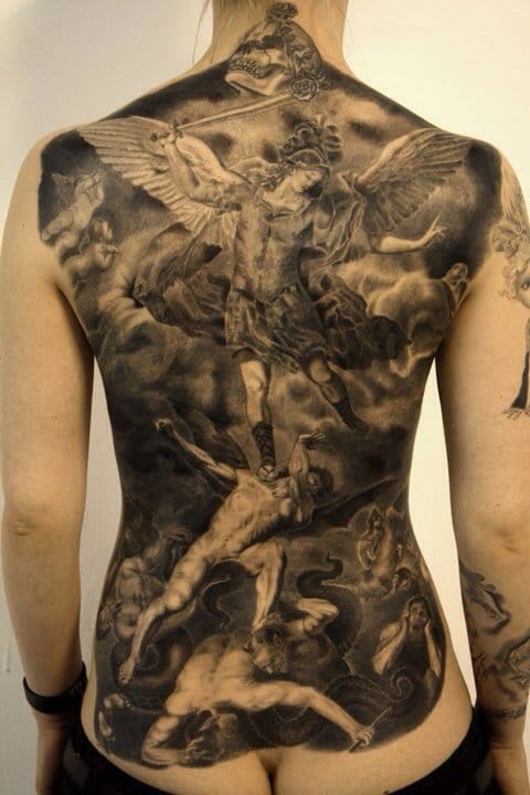 Black Ink Archangel Michael Tattoo On Women Full Back