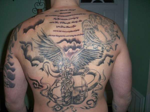 Black Ink Archangel Michael With Prayer Tattoo On Man Full Back
