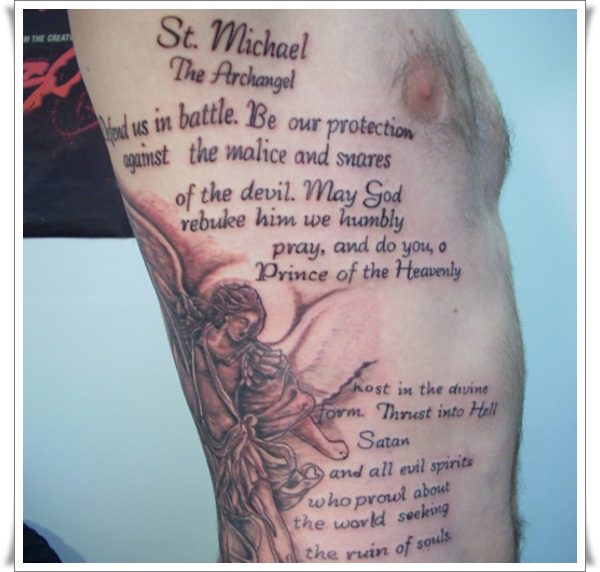 Black Ink Archangel Michael With Prayer Tattoo On Man Right Side Rib