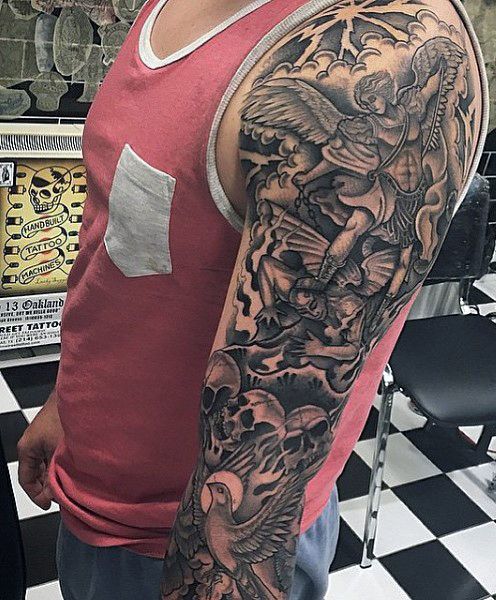 Black Ink Archangel Michael With Skulls And Flying Bird Tattoo On Man Left Full Sleeve