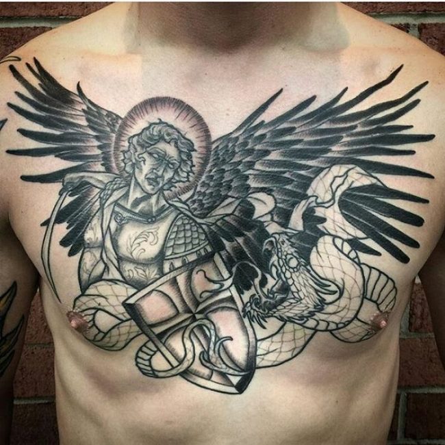 Black Ink  Archangel Michael With Snake Tattoo On Man Chest