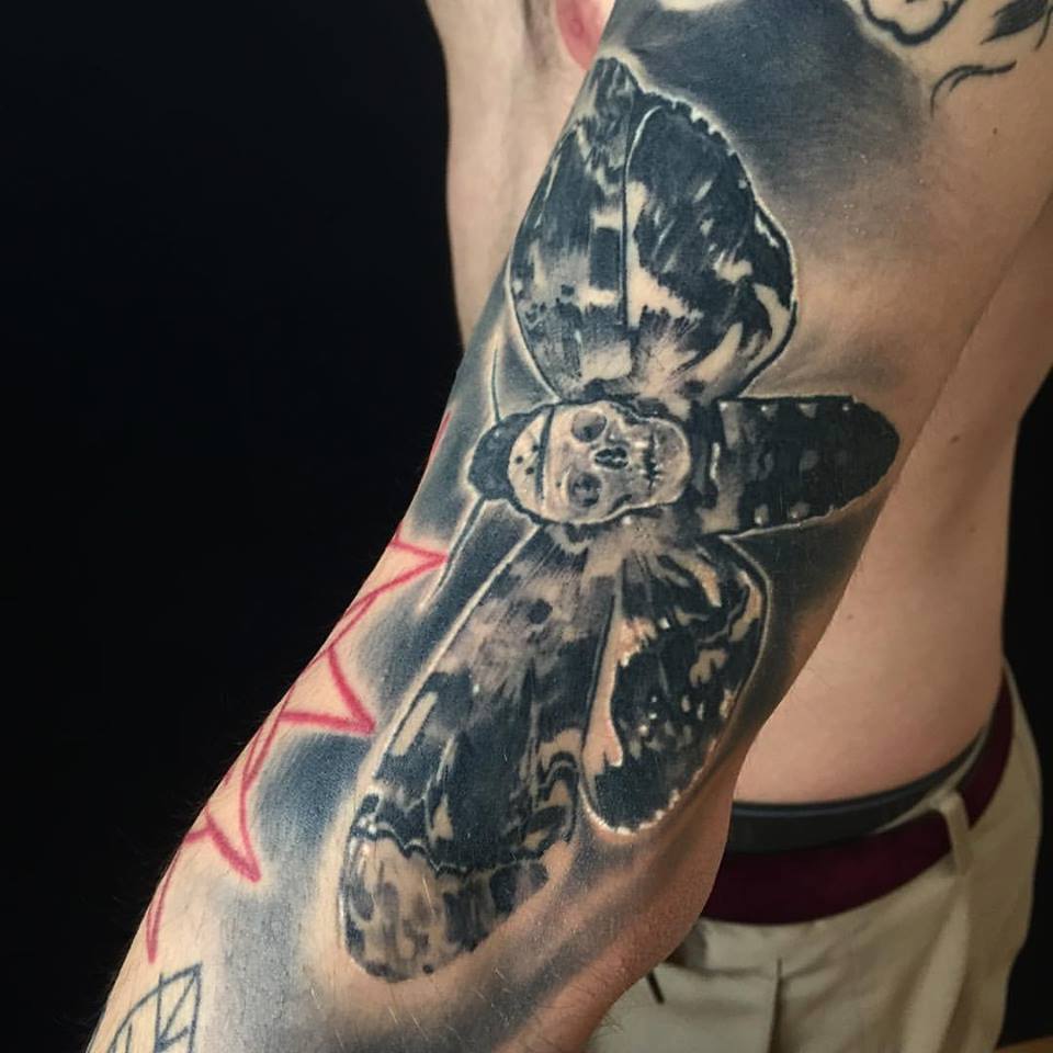 Black Ink Beetle Tattoo On Man Left Sleeve