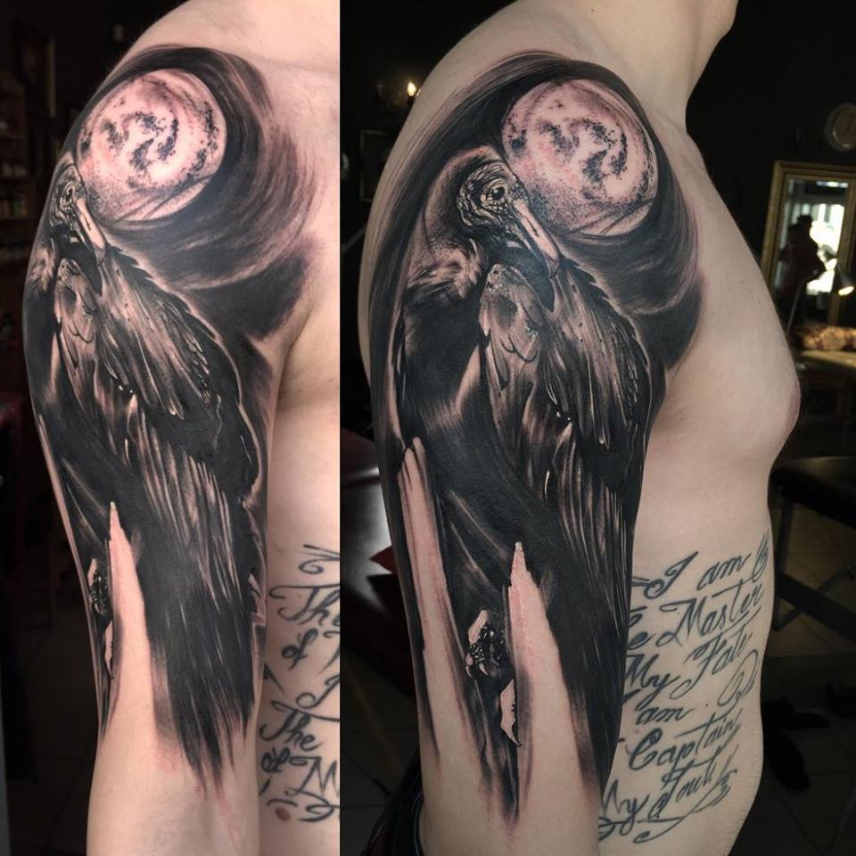 Black Ink Bird Tattoo On Man Right Half Sleeve