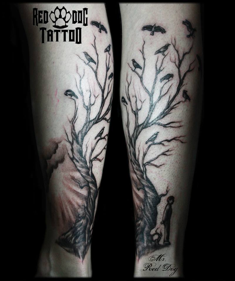 Black Ink Birds On Tree Without Leaves Tattoo On Forearm