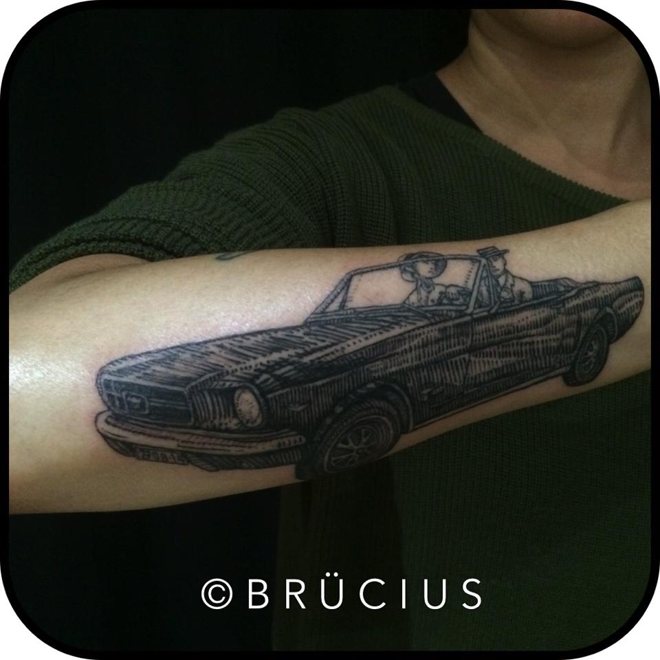Black Ink Car Tattoo On Right Arm