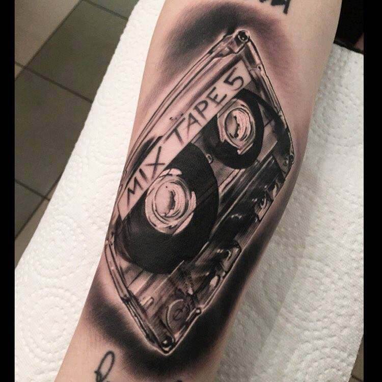 Black Ink Cassette Tattoo Design For Sleeve By Ito